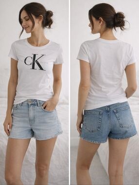 Calvin Klein CK Logo Tee White Minimalist Top S Soft Cotton